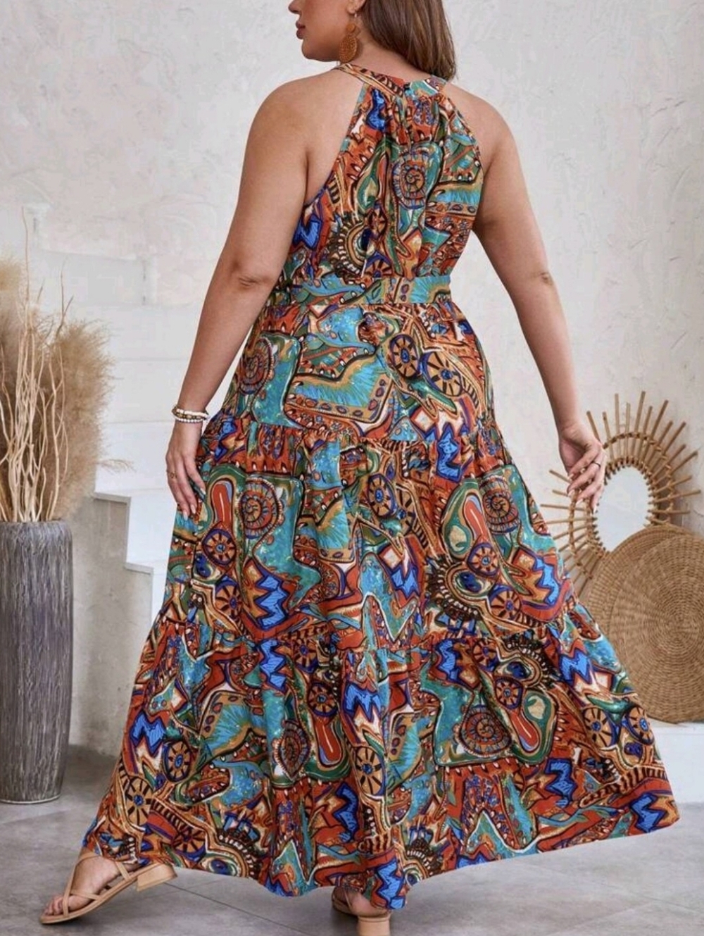 SHEIN Allover Print Ruffle Hem Belted Halter Summer Dress - Picture 4 of 4